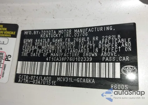 2006 Toyota Camry Solara Sle V6 z USA, uszkodzony, nr VIN 4T1CA38P76U102339